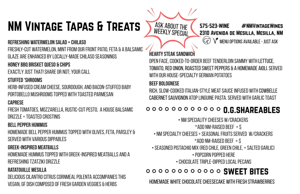 Current Food & Tapas Offerings